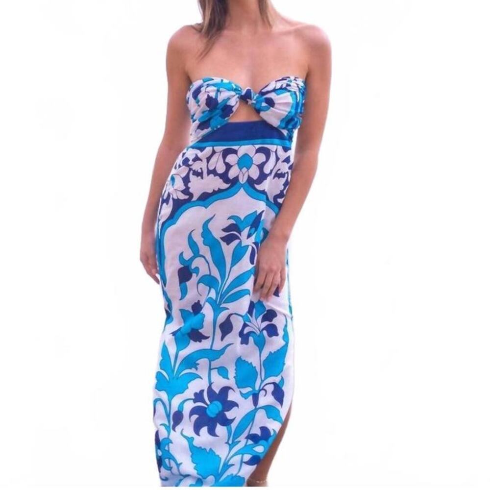 Boho Resortwear Strapless Maxi Dress L Blue Coastal Bell by Alicia Bell Bowie